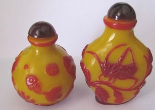 Rare Antique Peking Glass Carved Locust&fish Snuff Bottle 2pcs photo