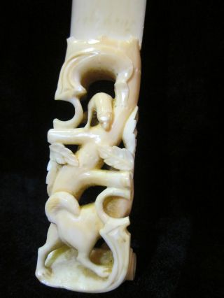 Detailed 19thc Carved Bone Page Turner.  Mother & Cub Foxes Lovely & Rare photo