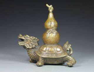 Chinese Old Copper Handwork Dragon Pull Calabash Statue photo