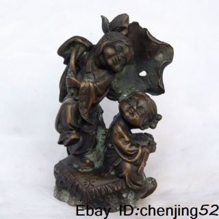 Pair Lotus Boy&girl Bronze Statue Chinese Antique photo