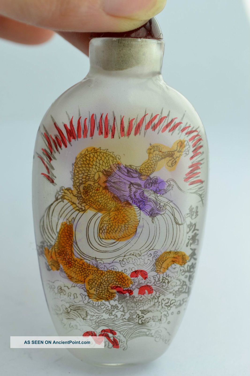 China Rare Collectibles Old Handwork Glass Inside Painting Dragon Snuff Bottle + Snuff Bottles photo