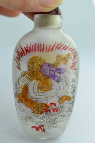 China Rare Collectibles Old Handwork Glass Inside Painting Dragon Snuff Bottle + photo
