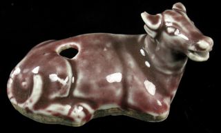 19th C.  Japanese Glazed Porcelain Suiteki Water Dropper,  Seated Cow,  Open Mouth photo