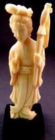 Vintage Chinese Ox Bone Statue Of Guan Yin With Stand - Asian Men, Women & Children photo 1