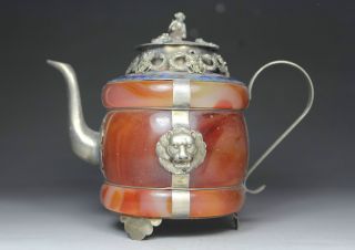 Chinese Old Jade Handwork Leo Dragon Tea Pot Monkey Lid photo
