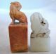 2 Miniature Chinese Hand Carved Yellow Soapstone & White Jade Foo Dog Chop Seals Foo Dogs photo 2