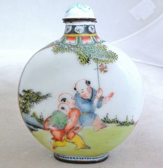 Chinese White Enameled Copper Snuff Bottle W/ Play Children & 4 Yongzheng Marks photo