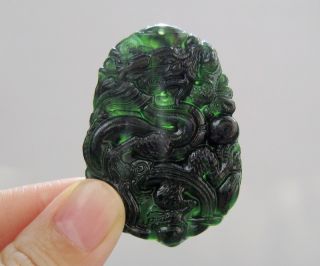 Chinese Hetian Black Green Jade Carved Dragon Pendant Nr photo