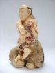 Antique Signed Japanese Netsuke Man Figurine Faux Hippo Ivory Tusk Ox Bone Nr Netsuke photo 1