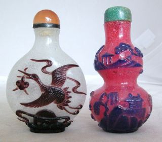 2 Chinese Carved Bi - Color Peking Glass Snuff Bottles W/ Crane Bird & Landscapes photo
