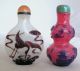 2 Chinese Carved Bi - Color Peking Glass Snuff Bottles W/ Crane Bird & Landscapes Snuff Bottles photo 2