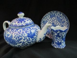 Old M Japan China Blue Phoenix Birds Teapot Plate Toothpick Holder Set Porcelain photo
