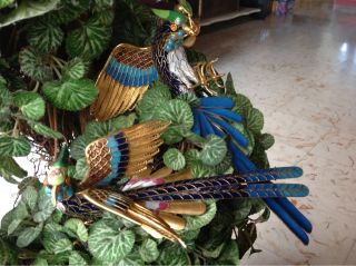Vintage 2 Cloisonné Bird Statues With Gold Filigree Work Detailed On Wings photo