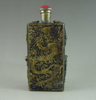 Rare Old Chinese Copper Carved Dragon Snuff Bottle photo