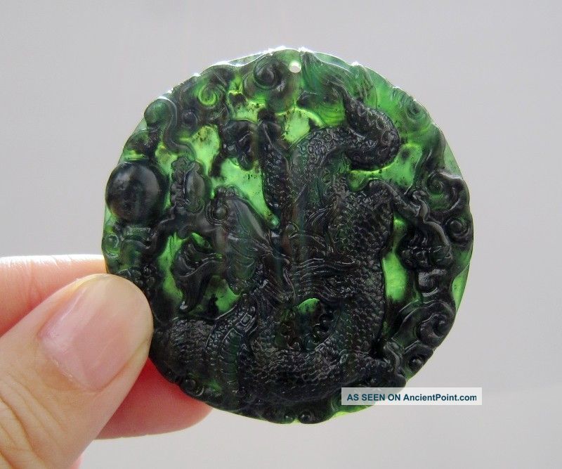 Chinese Hetian Black Green Jade Carved Dragon Pendant Nr Other photo