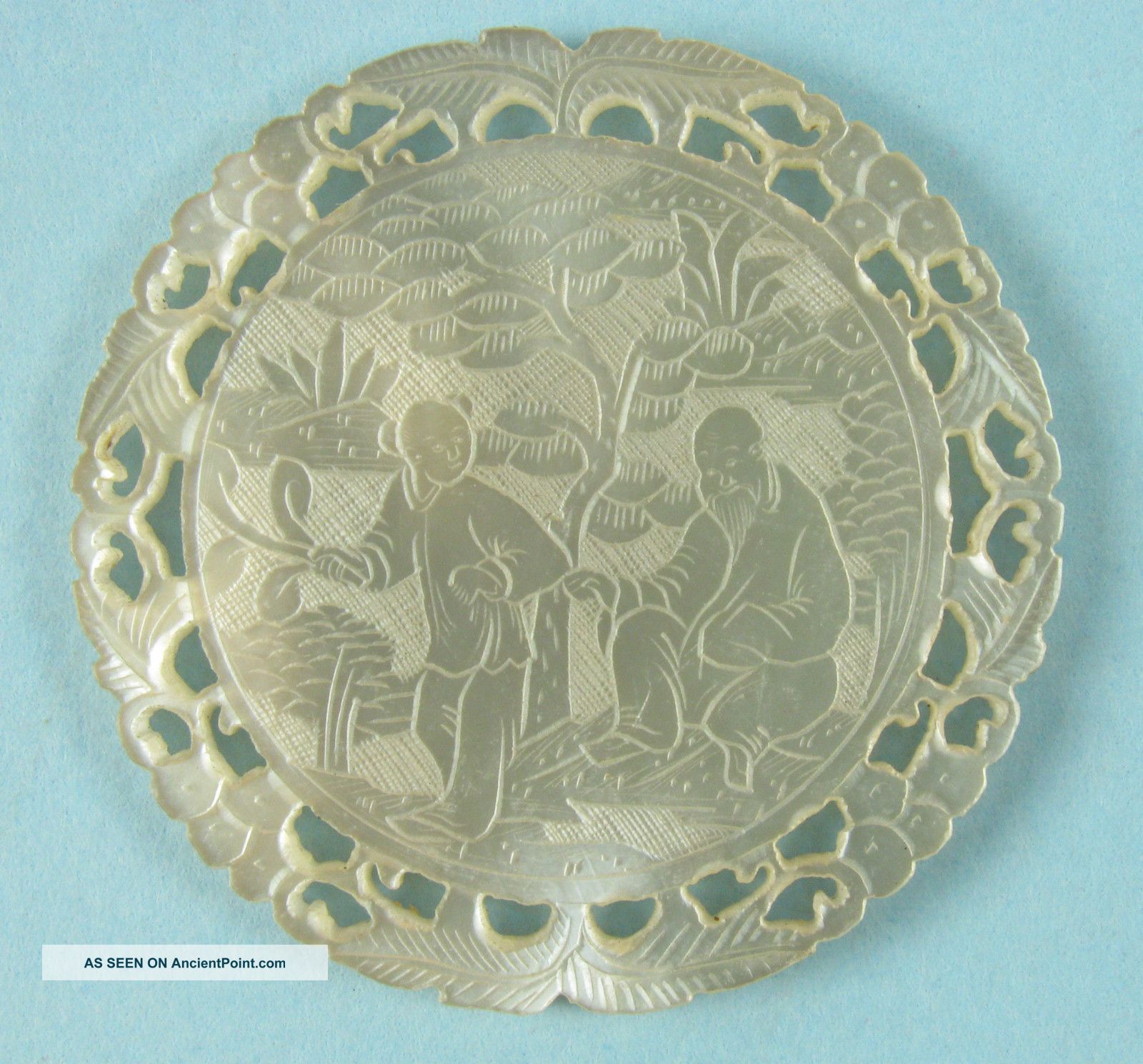 Antique Deep Carved Round Chinese Mother Of Pearl Game Counter C.  1800s Other photo