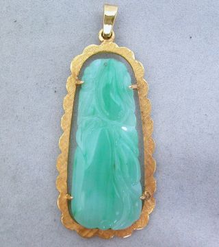 Old Chinese 14k Yellow Gold Pendant With Carved Green Jadeite Jade (15.  6 Grams) photo