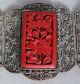 Large Antique Chinese Silvered Copper & Red Cinnabar Bracelet (7 