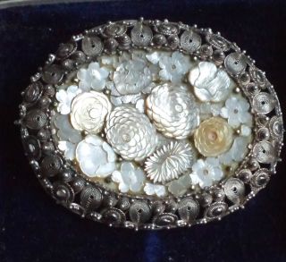 Really Fine Exquisite Chinese Filigree Brooch Set With Carved Mother Of Pearl. photo