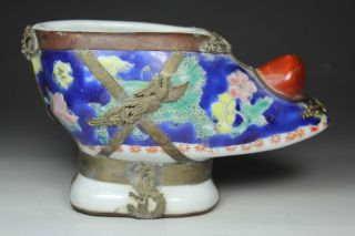 Oriental Old Porcelain Handwork Painting Flower Armored Dragon/ Phoenix Shoes photo