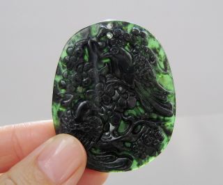 Chinese Hetian Black Green Jade Carved Plum Blossom Magpie Pendant Nr photo