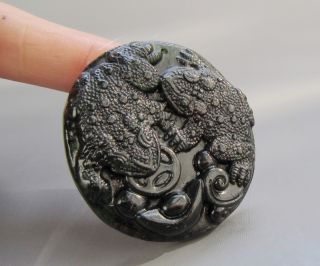 Chinese Hetian Black Green Jade Carved Jinchan Pendant Nr photo
