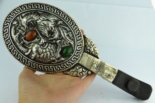 Asian Old Collectibles Decorated Handwork White Copper Dragon Hand Mirror Aaaaa photo