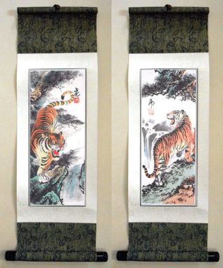 2 Japanese Calligraphy/ Painting Scroll Tiger W132 photo