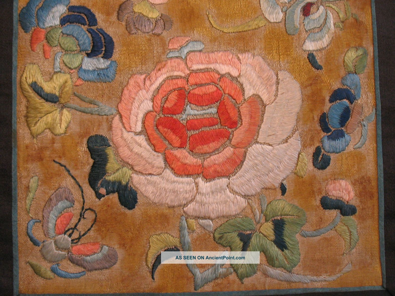 Antique Chinese Silk Embroidered Panel Flowers Embroidery Satin Stitch Robes & Textiles photo