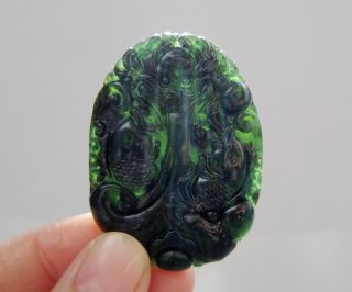 Chinese Hetian Black Green Jade Carved Fish Pendant Nr photo