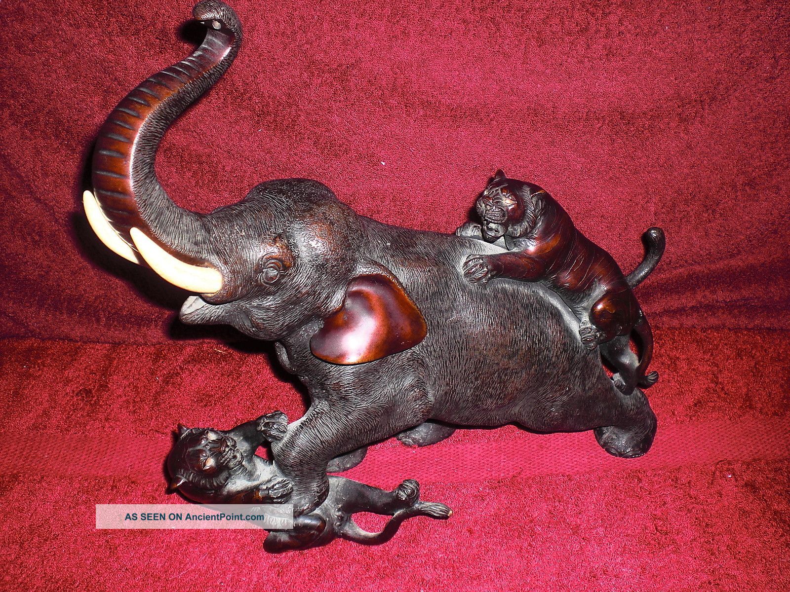 Vintage Signed Japanese Bronze & Ox - Bone (large) Elephant Vs.  Tigers Statues photo