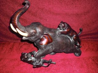 Vintage Signed Japanese Bronze & Ox - Bone (large) Elephant Vs.  Tigers photo