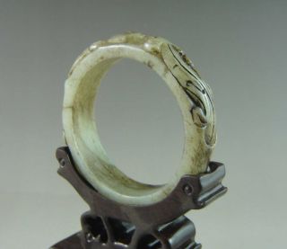 Antique Chinese Old Hetian Jade Carved Chi Dragon Bracelet Bangle photo