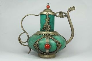 Chinese Old Jade Wonderful Handwork Armored Dragon Inlay Tea Pot photo