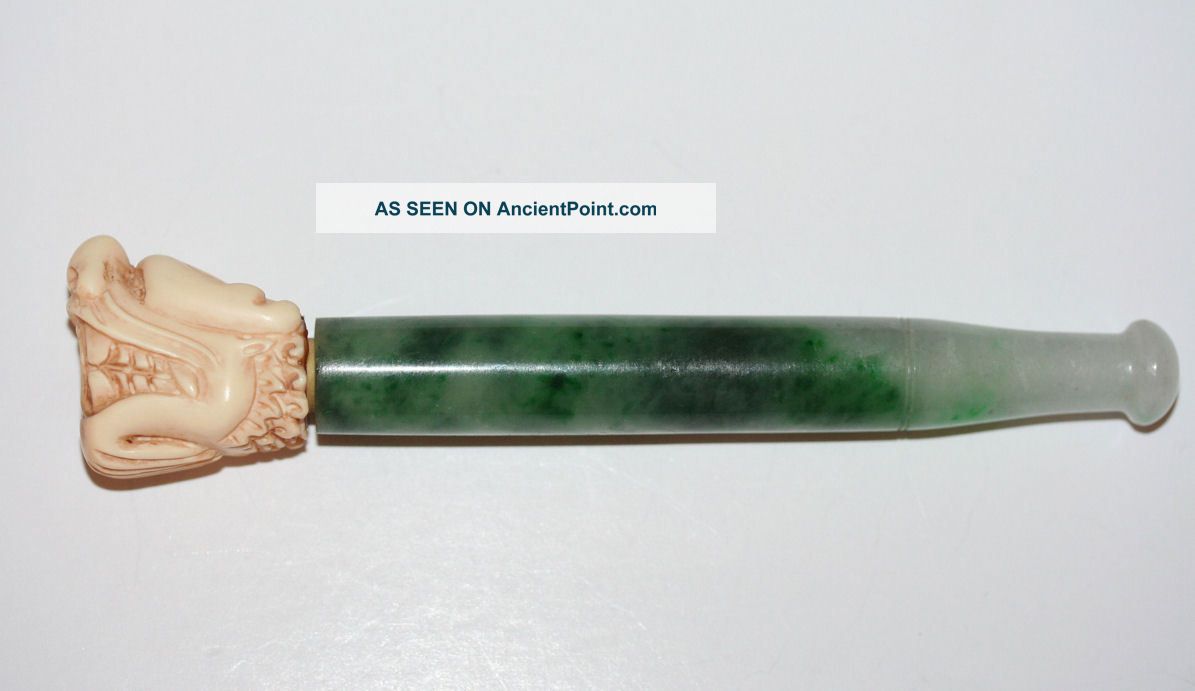 Antique Chinese Green Jadeite Jade With Ox Bone Dragon Head Cigarette Pipe Other photo