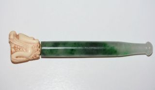 Antique Chinese Green Jadeite Jade With Ox Bone Dragon Head Cigarette Pipe photo