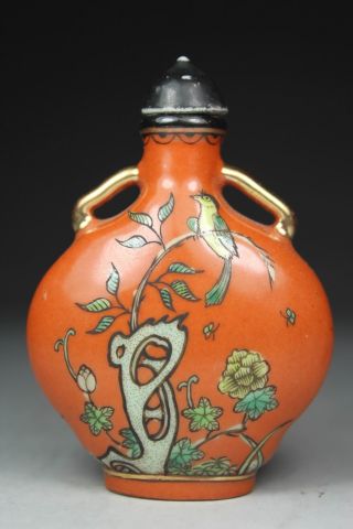 Chinese Handwork Painting Bird Flower Old Porcelain Snuff Bottle photo