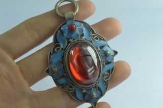 Collectibles China Handwork Tibet - Silver Inlay Old Jade Cloisonne Flower Pendant photo