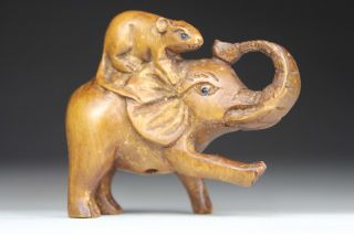 Asian Oriental Old Wood Handwork Painting Mice On An Elephant ' S Back Netsuke photo