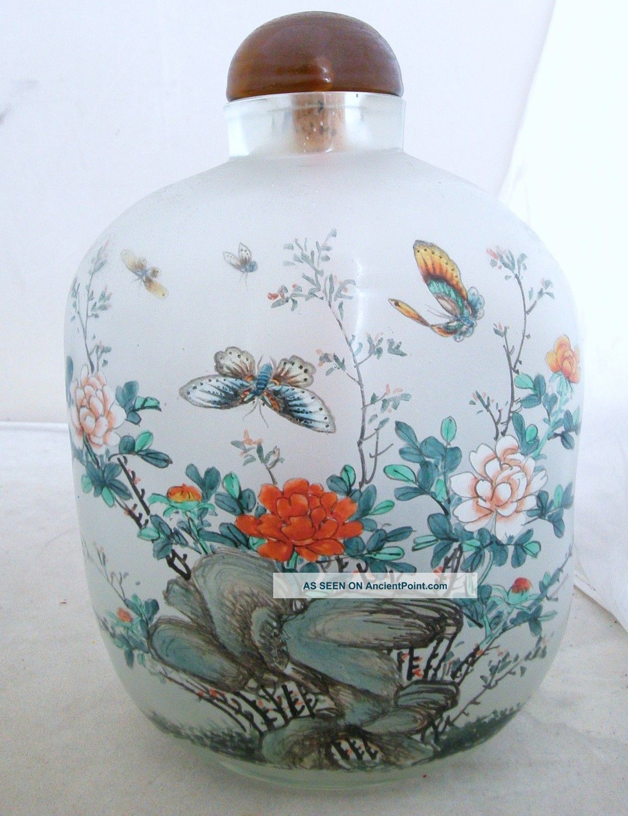 Large Chinese Reverse Painted Glass Snuff Bottle W Butterflies