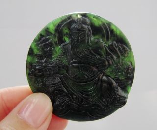 Chinese Hetian Black Green Jade Carved Guangong Pendant Nr photo