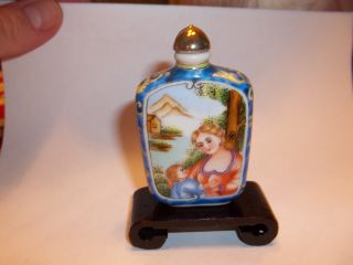 Snuff Bottle - Hand Painted Porcelain Mother & Child & Children Theme - Wood Base photo
