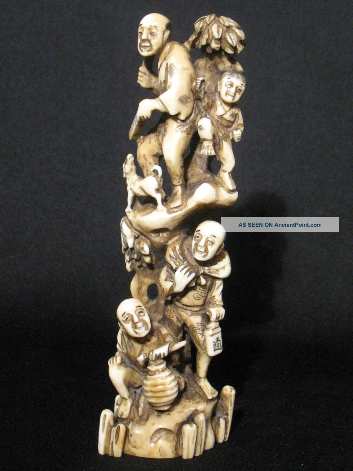 Antique Japanese Ox Bone 象牙 Okimono Carving Figural Group Signed Good Condition Statues photo
