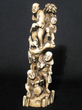 Antique Japanese Ox Bone 象牙 Okimono Carving Figural Group Signed Good Condition photo