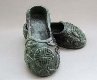 Charming Chinese Hetian Green Jade Carved Shoes Nr photo