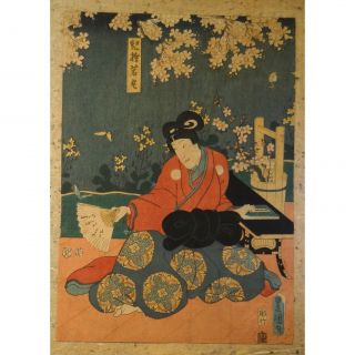 Antique Japanese Woodblock Print Toyokuni Iii Kabuki Scene Edo Period Japan photo
