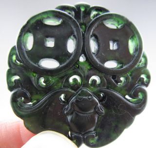 Fine Chinese Carving Hetian Black Green Jade Pendant 0042 photo