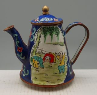 Chinese Blue Copper Teapot - Hand Painted & Enamelled - Oriental Children photo