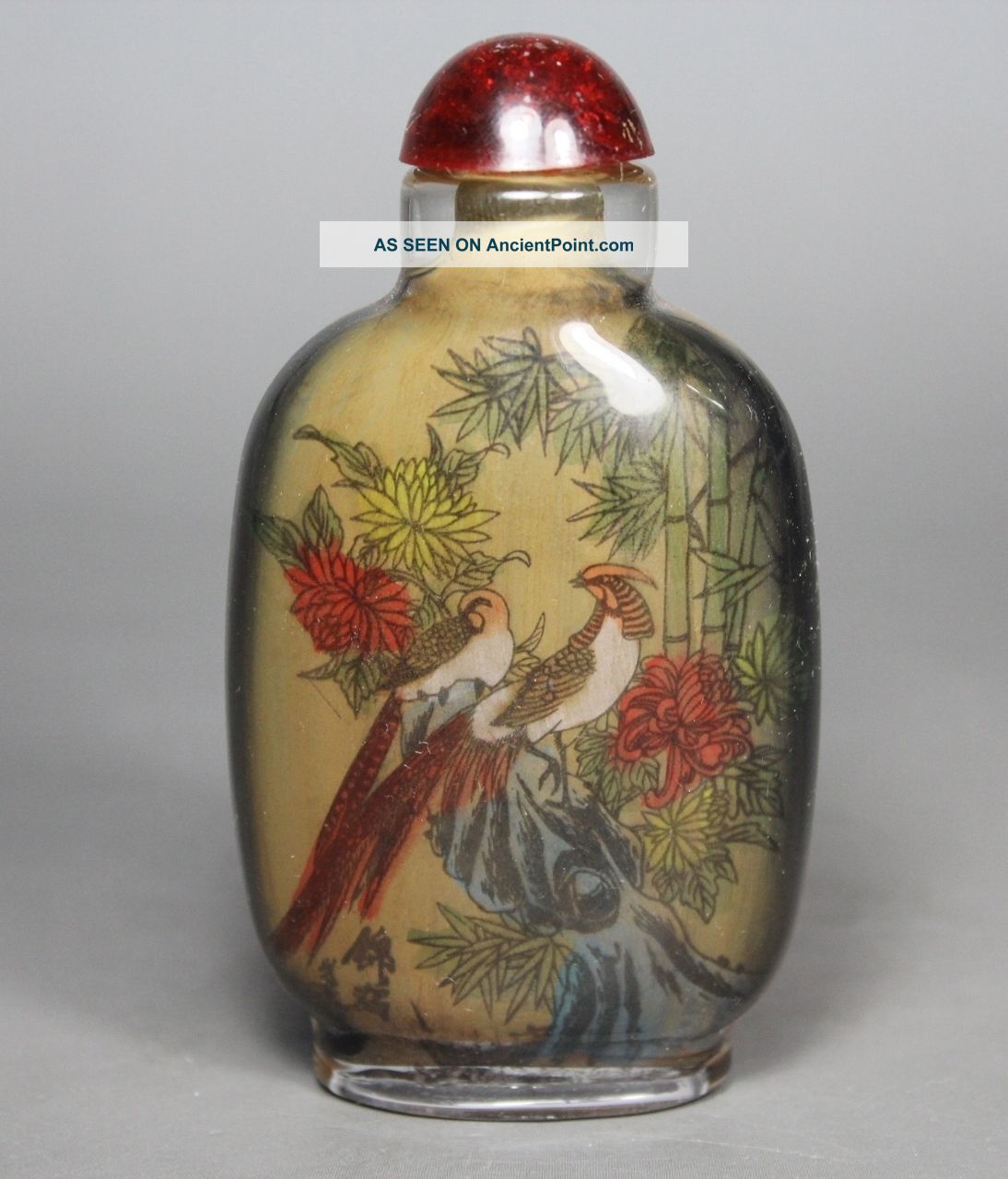 Flower on Snuff Bottle Old Snuff glass  Painting  Bird painting Chinese  Glass Handwork old