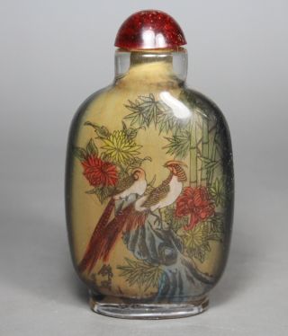 Chinese Handwork Painting Bird Flower Old Glass Snuff Bottle photo